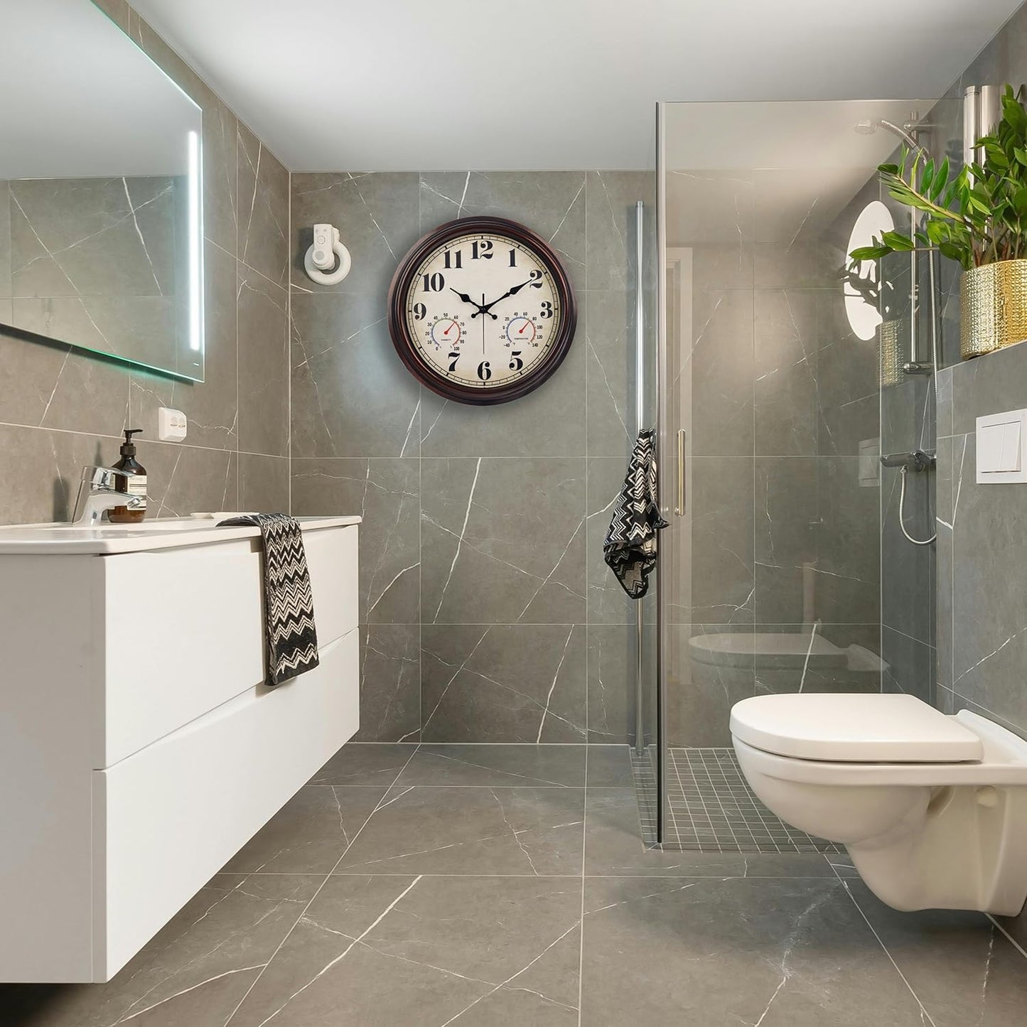 JENLYSTIME 16 Inch Dark Brown Vintage Wall Clock with Thermometer & Hygrometer - Waterproof Decorative Indoor/Outdoor Clock with Large Numerals & Silent Sweep Movement - Ideal for Porch, Garden, Pool