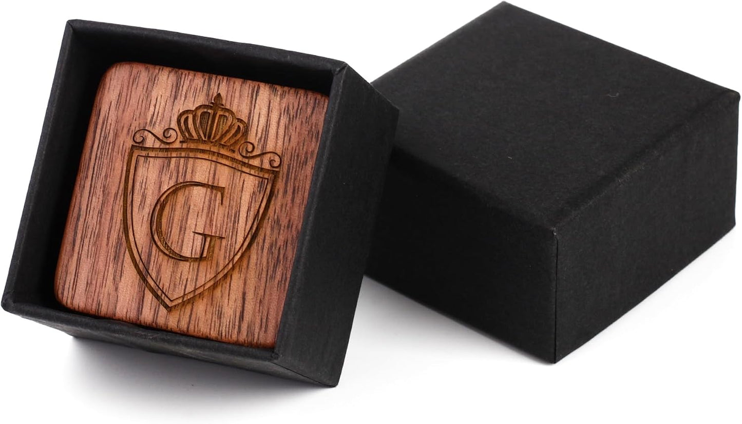 Mens Initial Silver Cufflinks A-Z Alphabet Letter Steel Cuff Links with Engraved Walnut Wood Box Groom Groomsman Wedding Set…