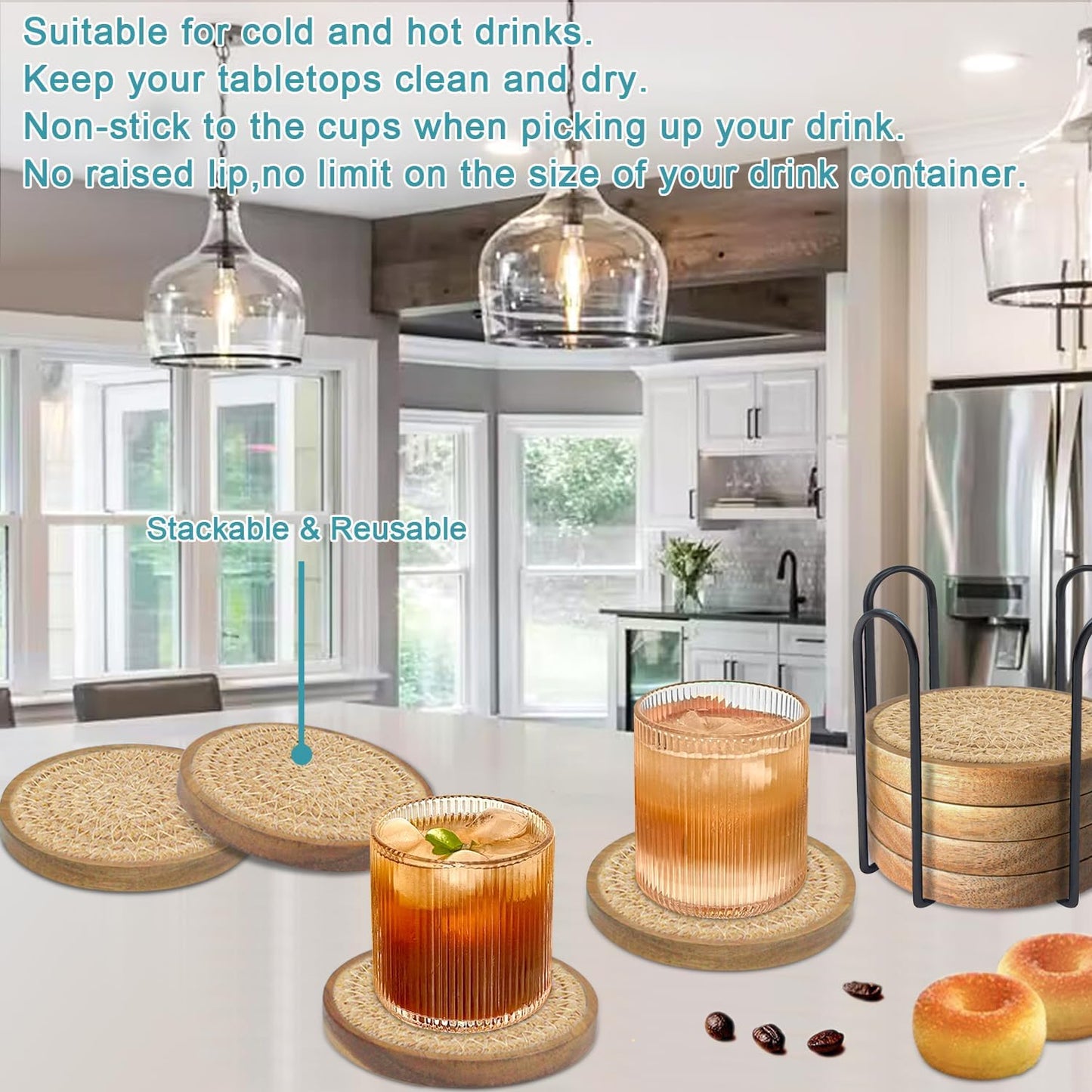 Wood Coasters for Drinks, Absorbent Coaster Sets of 8, Woven Drink Coasters for Coffee Table, Housewarming Gift for Farmhouse Home Decor,4.3 inches Brown