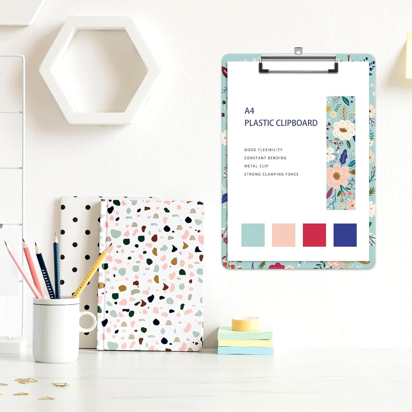 Plastic A4 Clipboards, Cute Clip Board Stardard Letter Size 9 x 12.5 in, Office Decorative for Students Women Men and Kids, Green Flower