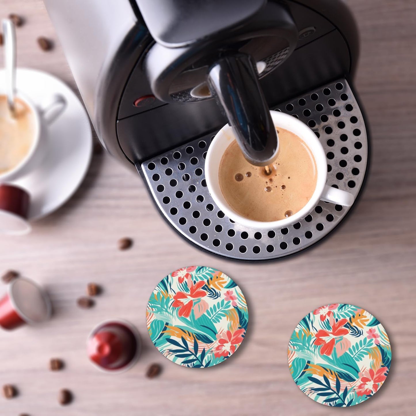 Ceramic Coasters for Drinks with Cork Back, Colorful Tropical Print 4 Inch Absorbent Coaster Set 1 Pack, Quick Dry Non-Slip Coaster Mats for Home, Office, Bar
