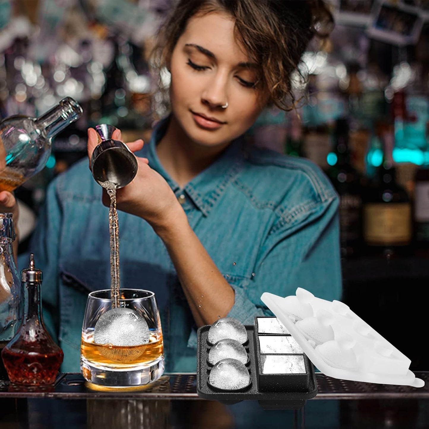 Nax Caki Ice Cube Molds Tray, Large Silicone Whiskey Ice Mold,2-in-1 Round Sphere Ice Ball Maker & Square Ice Trays for Cocktails, Bourbon, Whiskey Gifts for Men from Daughter Wife Son Kids⊠Black