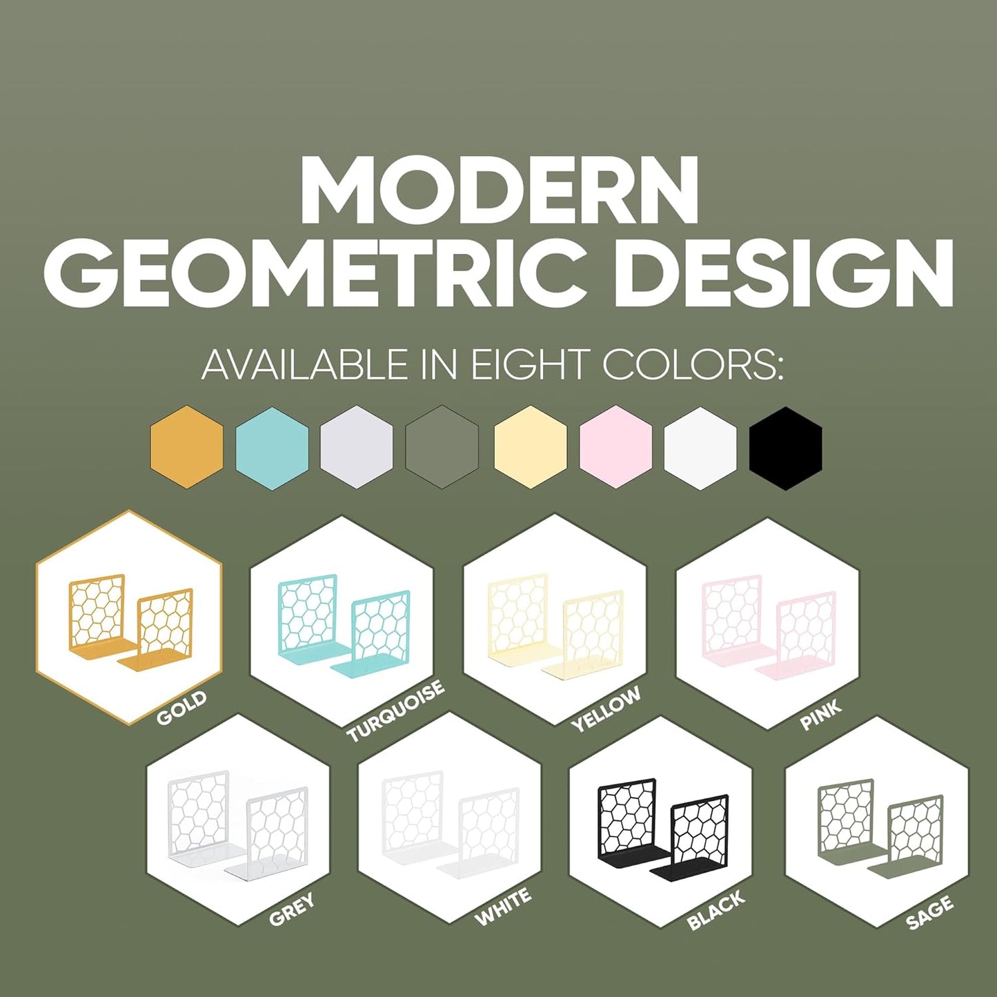 GEOMOD Geometric Honeycomb Sage Metal Bookends Decorative - Tall Sturdy Book Ends for Shelves - Modern Heavy Duty Bookend Stopper - Office or Home Book Shelf Holder - 6x3.25x6.25 Inches-1 Pair