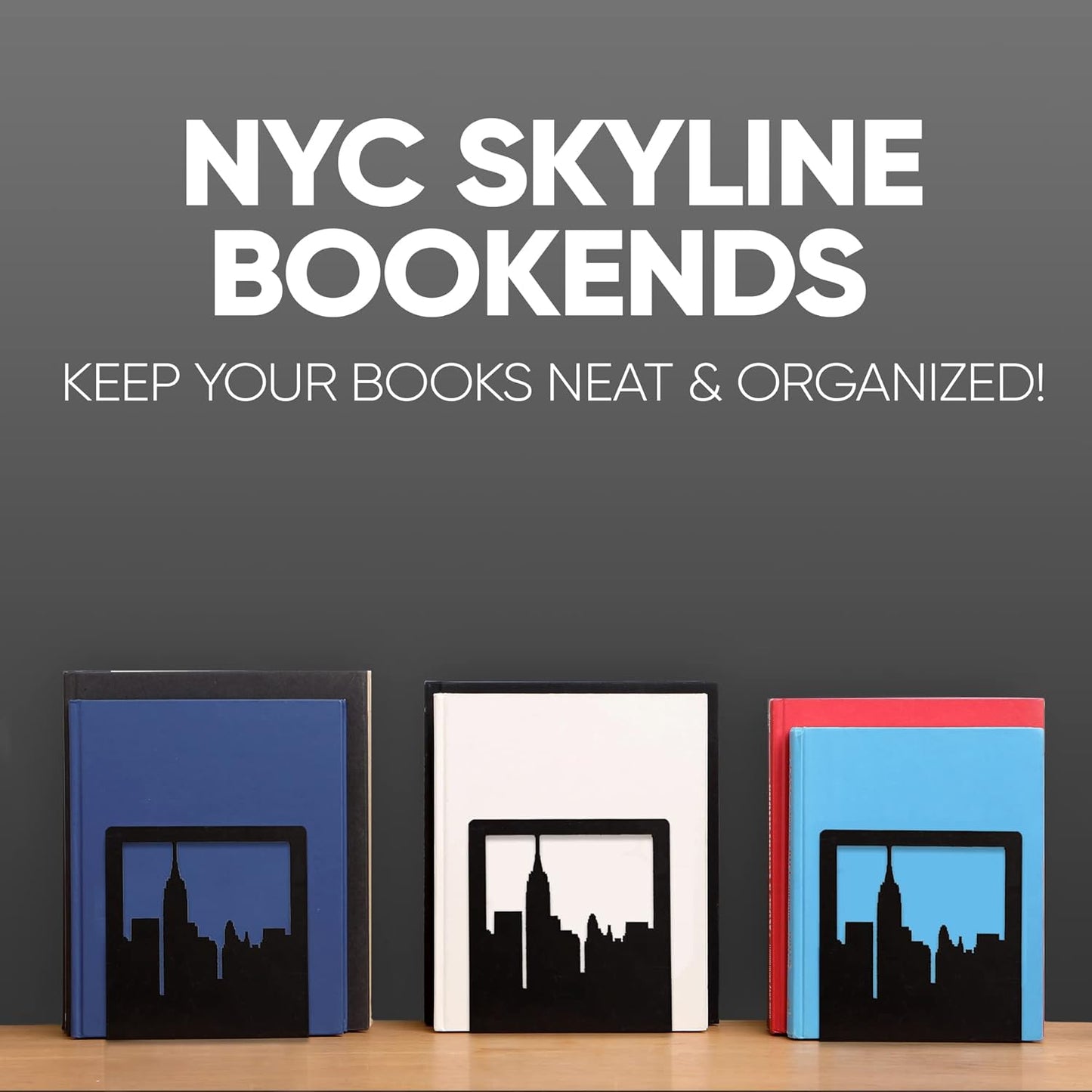 Geomod Decorative New York City NYC Skyline Metal Bookends (Black, 1 Pair) Book Ends for Tables, Desks, Shelves | Bookends to Hold Tall, Hardback Books…