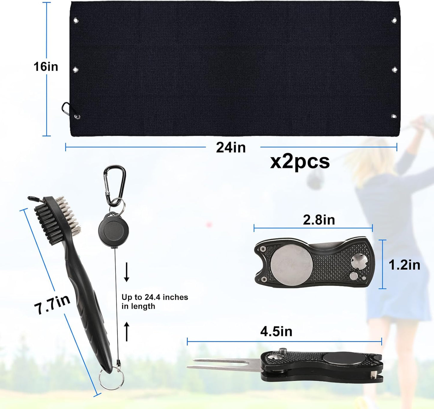 Aulock Golf Towel and Brush Set -16" x24" Microfiber Towels with Clip, Men Cleaning Kit with Golf Club Brush (2 Black Towels + 1 Brush + Golf Divot Tool)