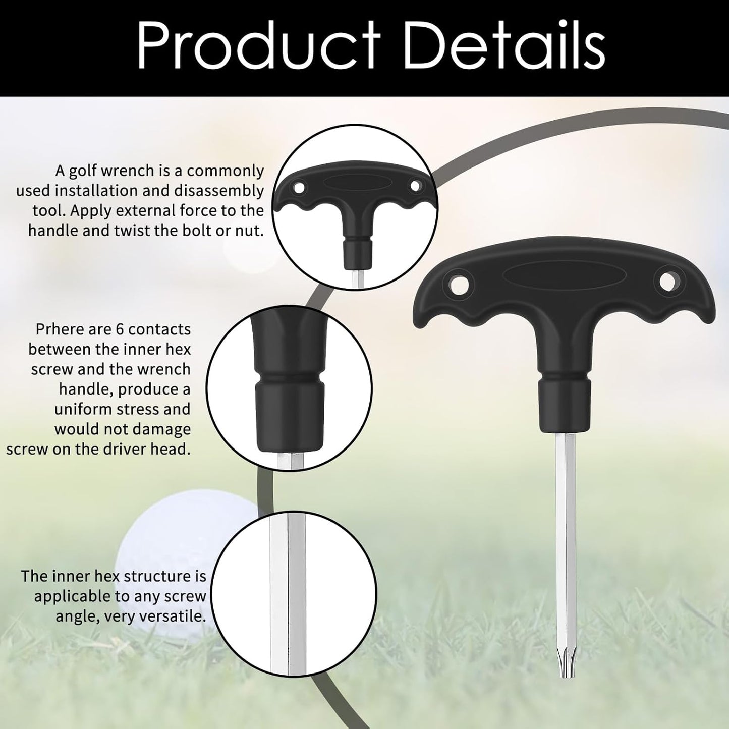 Golf Wrench Adjustable Golf Tool with Plastic Handle Golf Driver Spike Wrench Stainless Steel Golf Driver Tool for Golf Club Driver Equipment(Black)