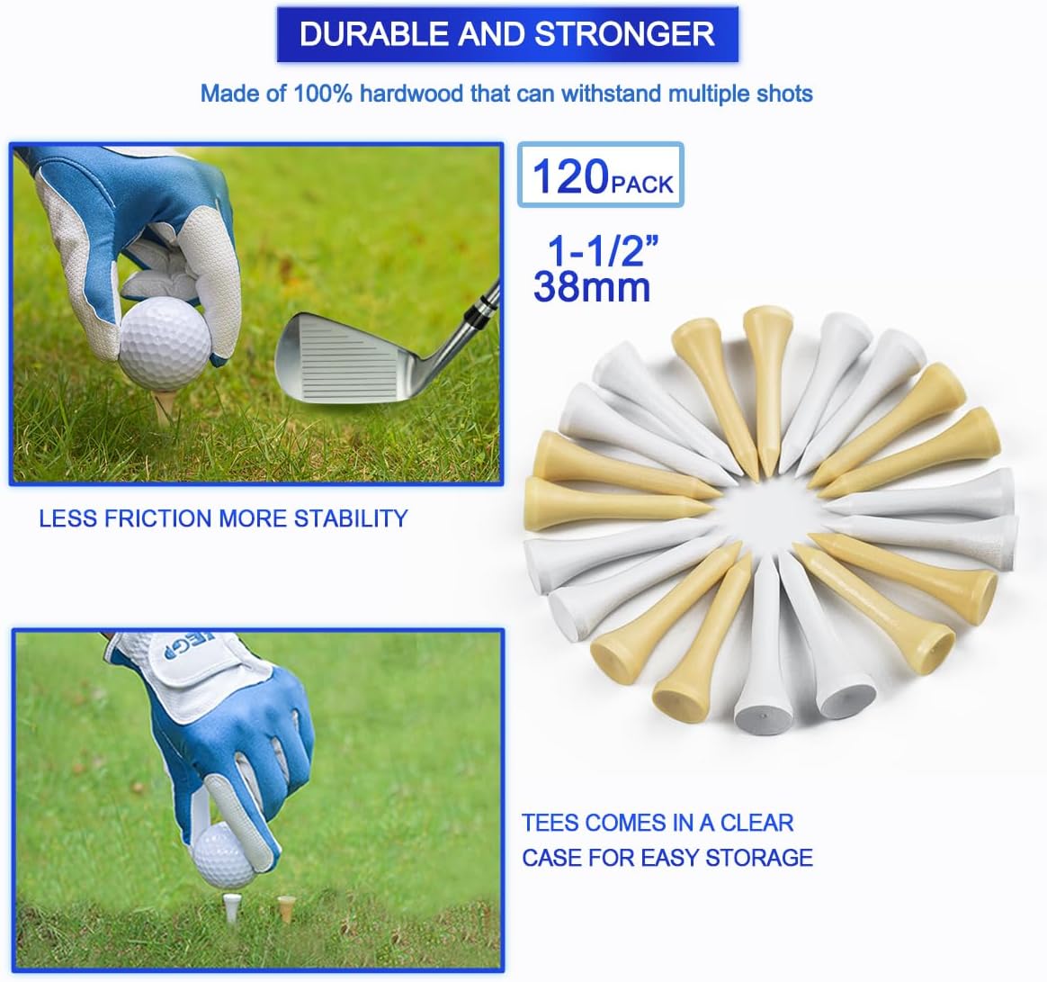 Wood Golf Tees Mix of Colours,1-1/2" Wooden Golf Tees,Short tees,with Low-Friction,Biodegradable,Design for Iron、Par Threes 、Hybrids,Golf Tees Wood 11/2 Inch-120 Pack+1 Set Magnetic Ball Marker