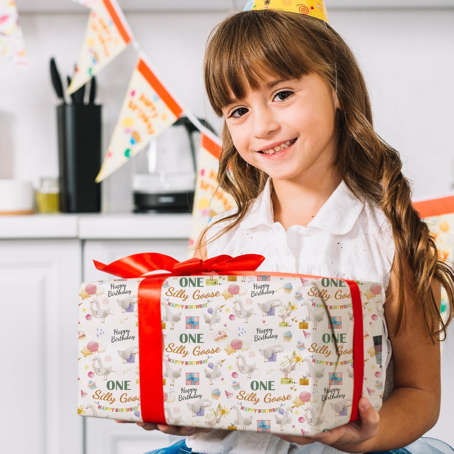 MJSXY Goose Wrapping Paper, One Silly Goose Birthday Decorations. 5 Sheets 19.6x27.5 Inch with White Gooses & Balloons for 1st Birthday Gift Wrapping, Baby Shower Party Supplies Decors.