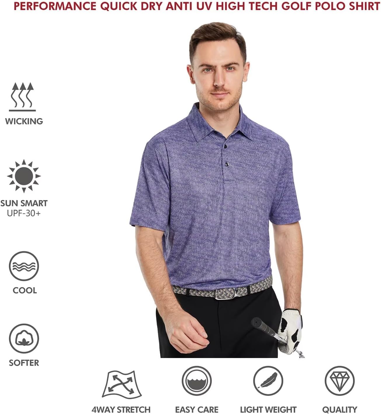 Golf Shirts for Men Dry Fit Short Sleeve Print Performance Moisture Wicking Polo Shirt
