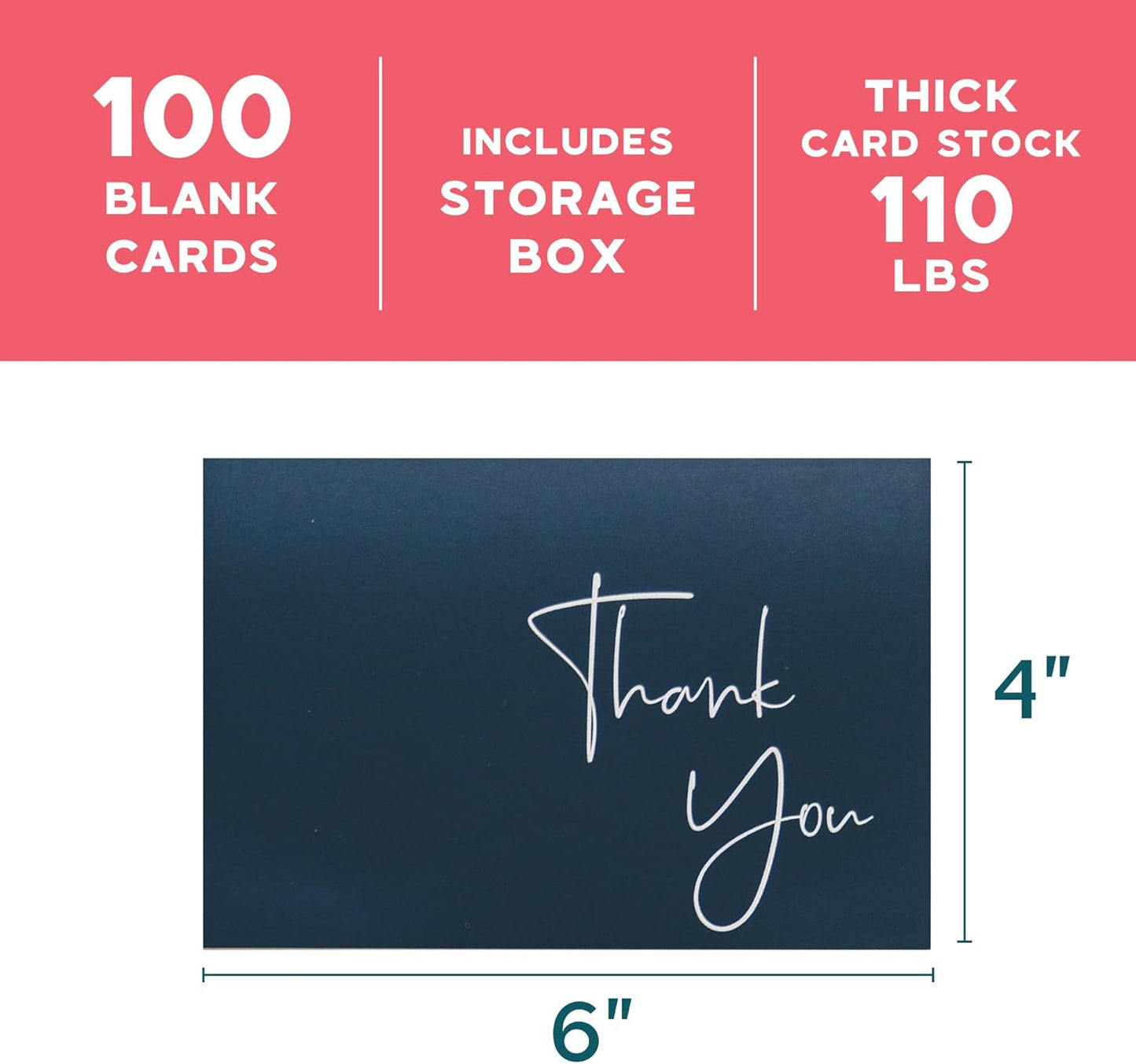 VNS Creations Thank You Cards With Envelopes Bulk Set & Stickers - 100 Pack 4x6 Blank Thank You Notes Bulk Box Set - Large Note Card Small Business, Wedding, Baby Shower & Bridal Shower - Navy Blue