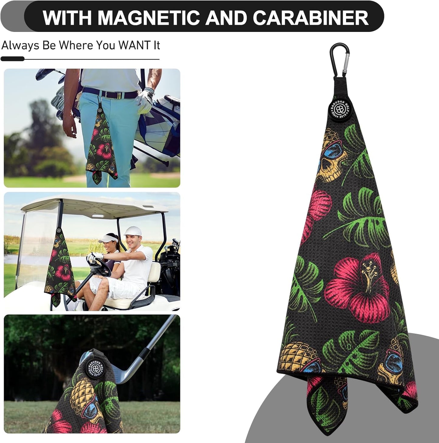 Magnetic Golf Towel for Men Women Golfer - Microfiber Golf Towel Magnet with Waffle Texture - Strengthen Magnet Golf Towels for Strong Hold to Metal Objects (Black Red Flower)