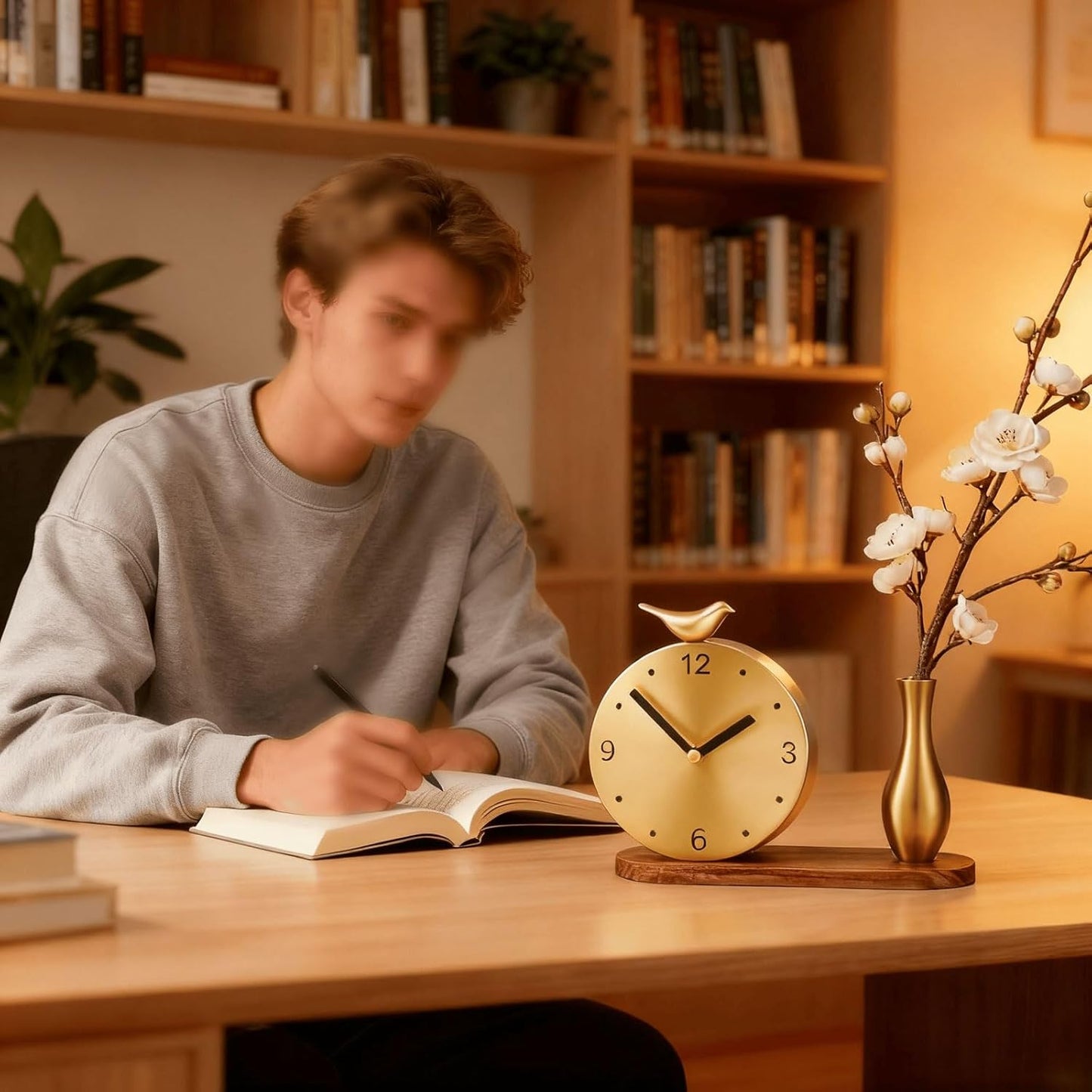 Floral Art Brass Mantel Clock - Elegant Silent Table Clock with Flower Design, Vintage Home Decor for Living Room, Luxury Solid Brass Decorative Clock