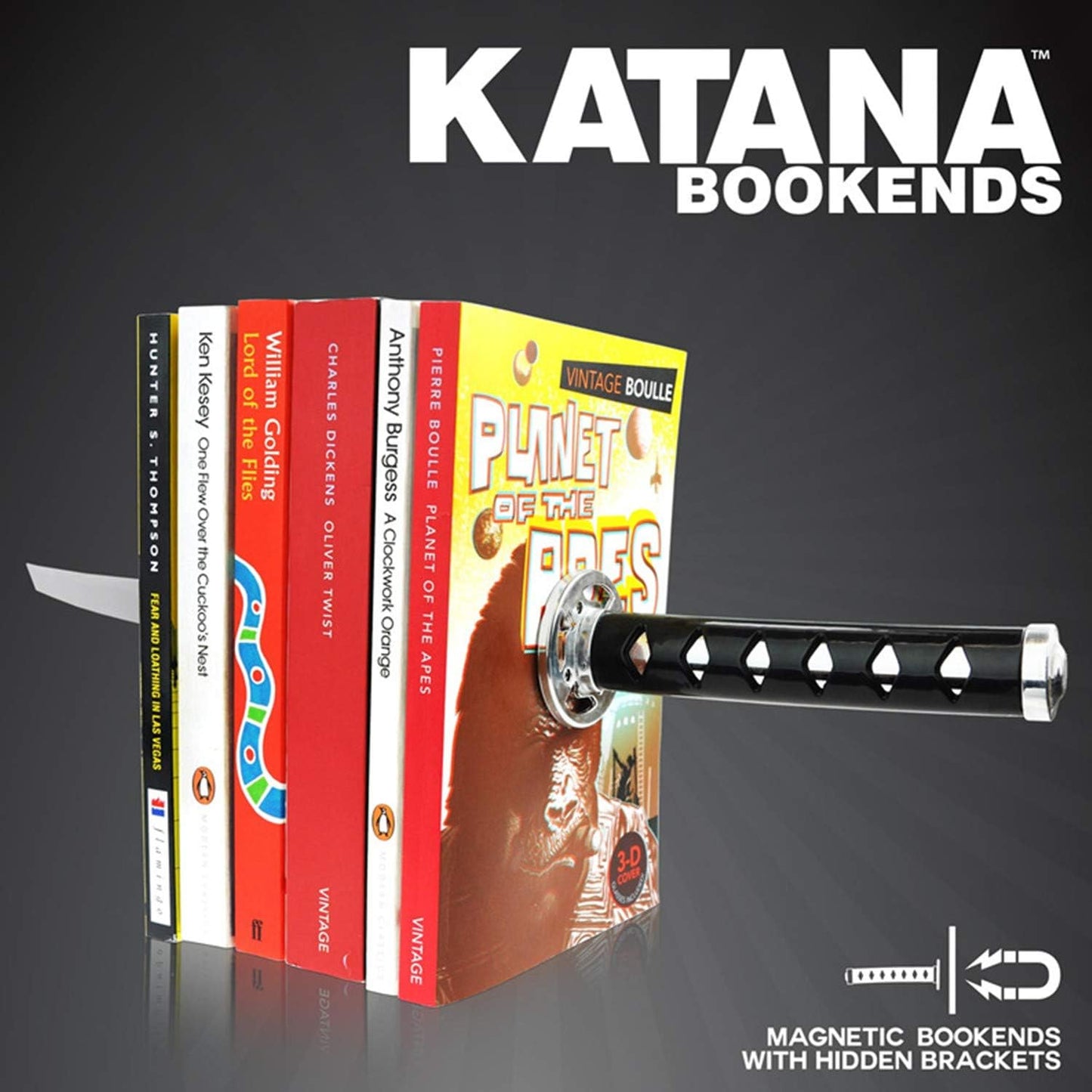 Book Ends Decorative, Modern Metal Funny Unique Black DVD Bookends for Shelves, Katana Book Stopper Holder for Office Home, Desk Gifts Book Stands for Men and Book Lovers