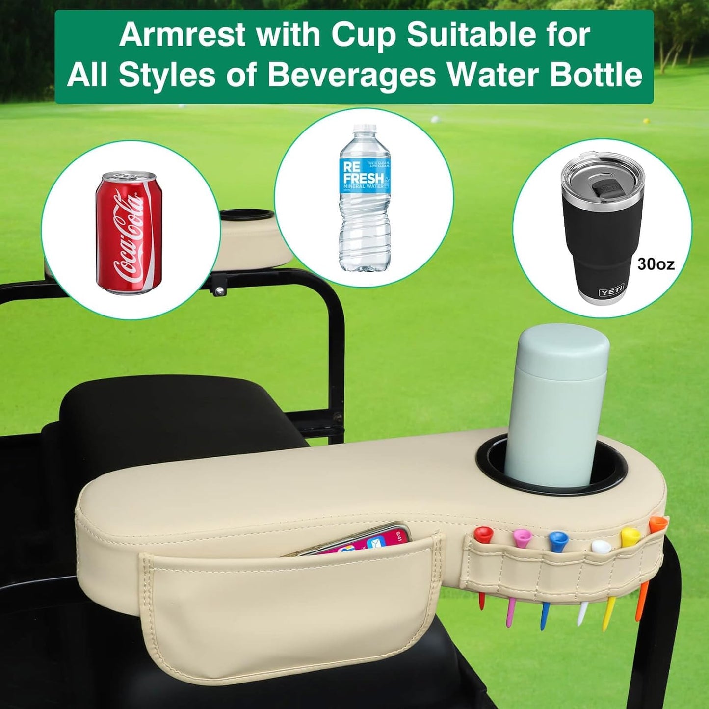 No Drilling Golf Cart Armrest with Cup Holder Phone Bag Golf Tree Holder for Rear Seat, Triangle Support Frame Fits 1" Side Square Tube EZGO Club Car DS Precedent Yamaha Golf Carts Arm Rest