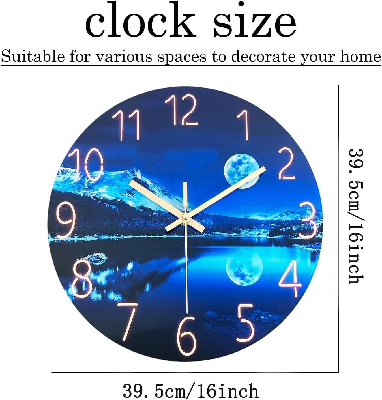 Big Wall Clocks Battery Operated 16 Inches or Larger Glass Moon Clock for Kitchen Blue Wall Clock Non Ticking
