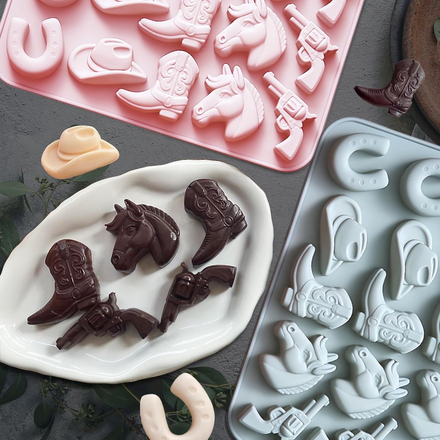 Cowboy Chocolate Molds Silicone, Western Themed Molds with Cowboy Hat, Boot, Horse, Saddle for Candy, Cakesicle, Cupcake, Jello, Ice Cube, Candle & Party Decorations