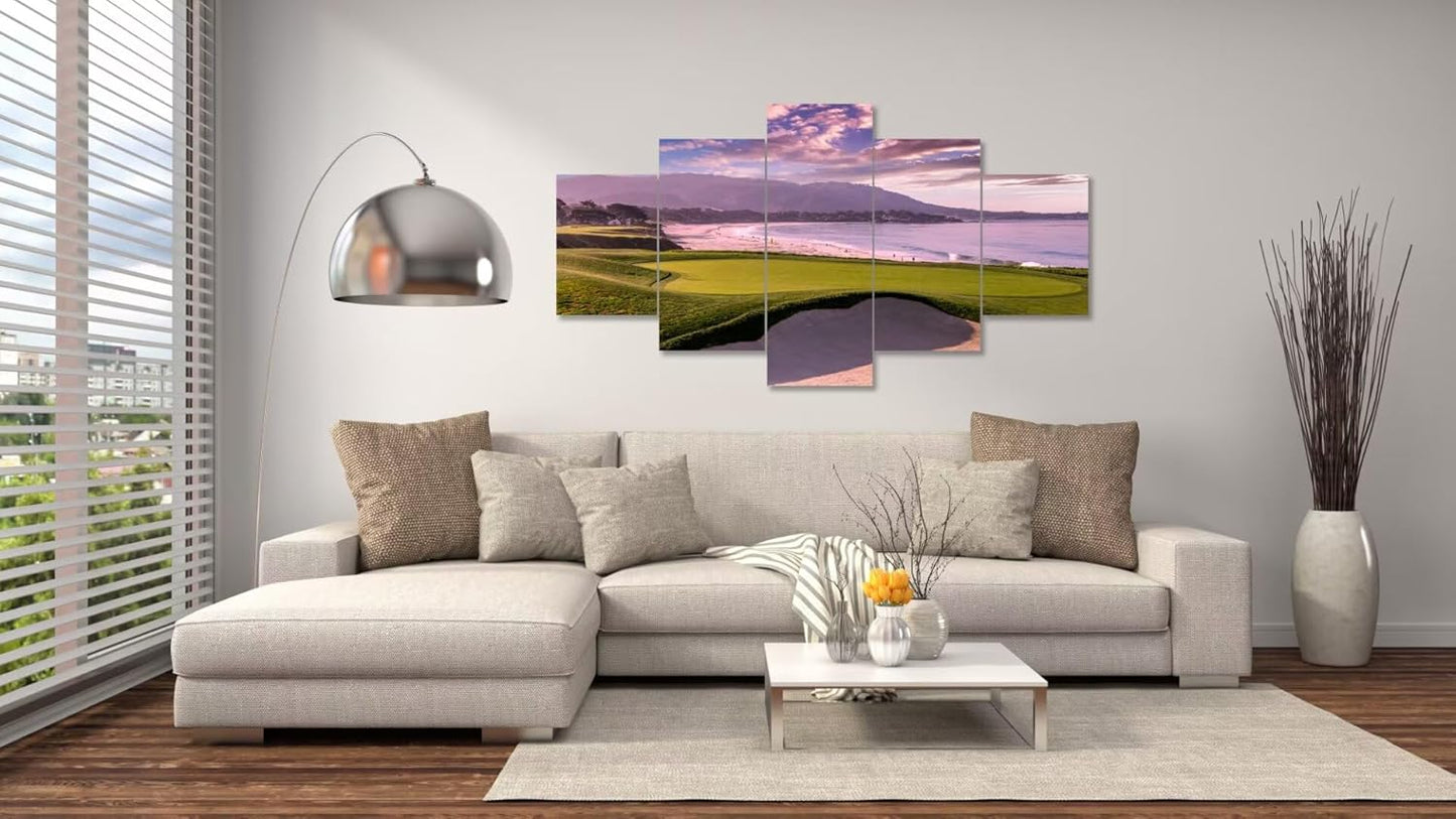 Pebble Beach Golf Course Hole 9th Wall Art Pictures Monterey California Golf Course Wall Decor for Living Room Bedroom Bathroom Home Decorations Canvas Prints Framed Ready to Hang(60''W x 40''H)