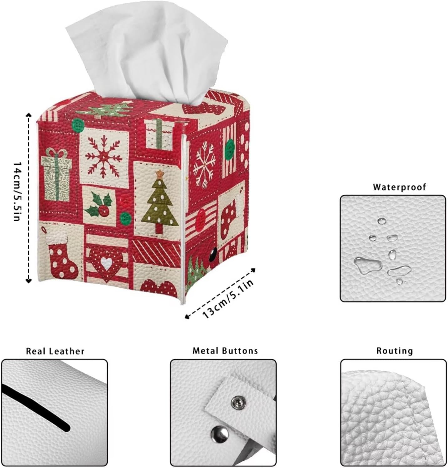 Christmas Tissue Box Cover Square Leather Tissue Cover Red Facial Paper Box Holder for Desk Bathroom Vanity Countertop 5x5x5 inch Xmas Home Decor