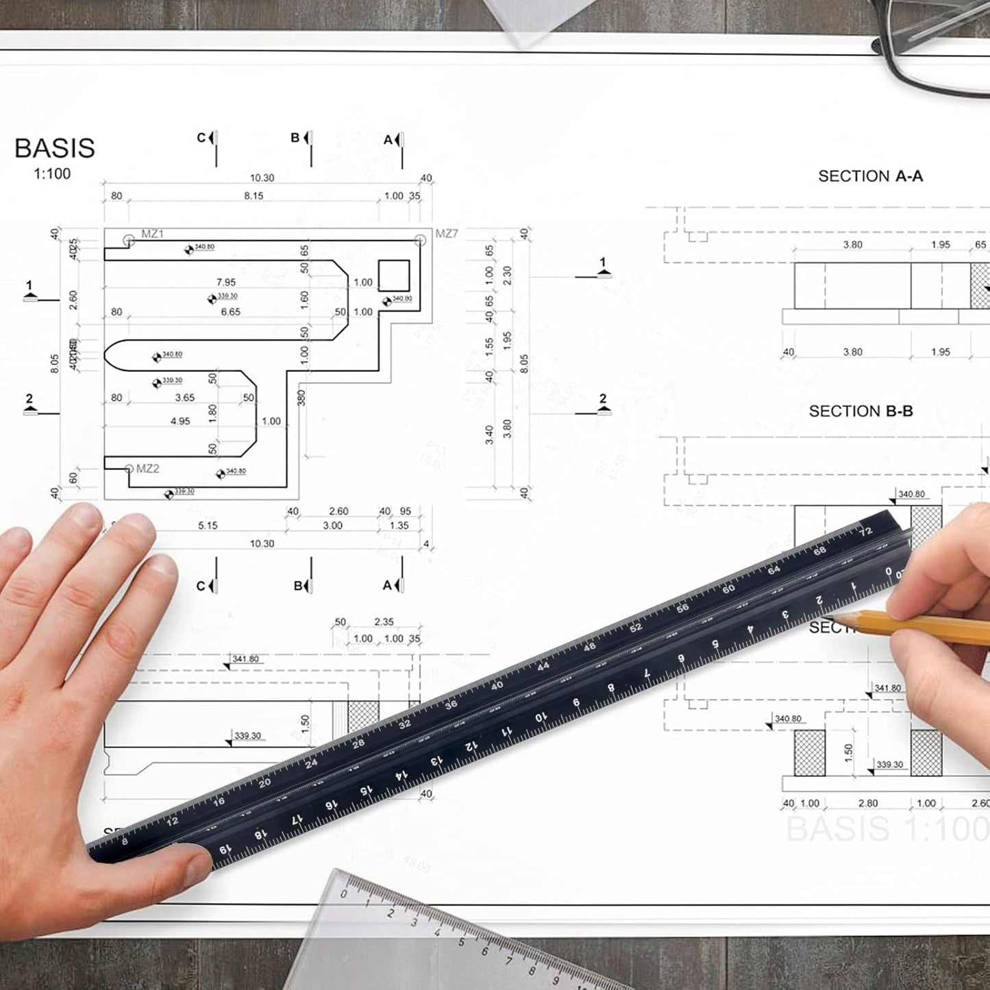 Engineer Scale Ruler, Imperial Measurements 12'', Laser-Etched Aluminum Architect Triangular Ruler Black for Architects, Students, Draftsman, and Engineers