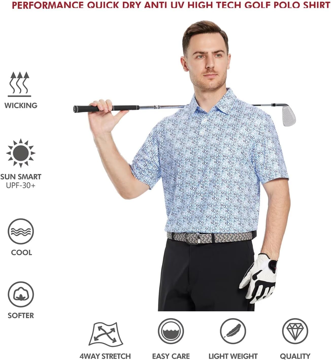 Golf Shirts for Men Dry Fit Short Sleeve Print Performance Moisture Wicking Polo Shirt