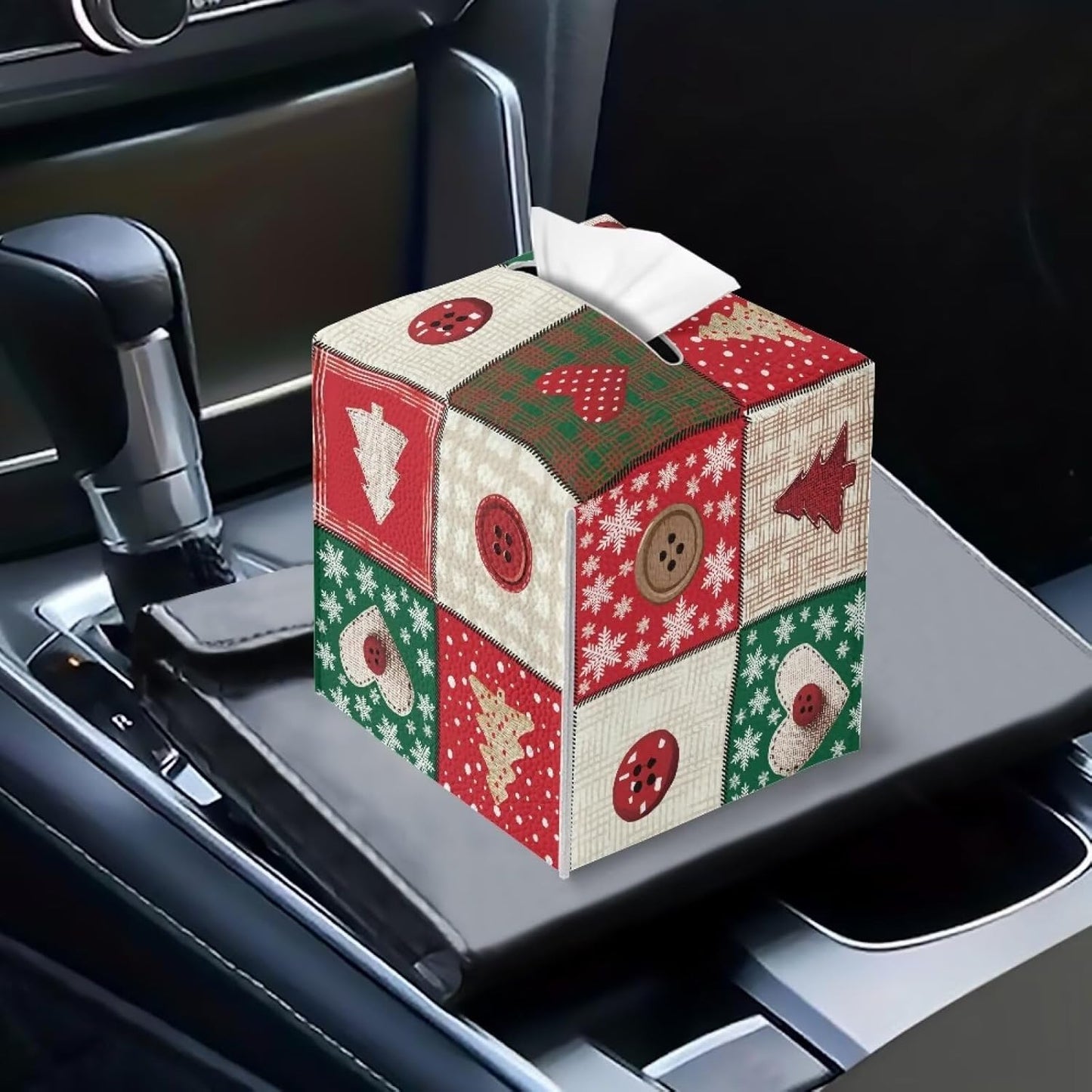 Christmas Theme Tissue Box Cover 5x5x5 inch Leather Tissue Paper Box Napkin Dispenser Organizer Holiday Home Facial Paper Dispenser for Office Bedroom Car