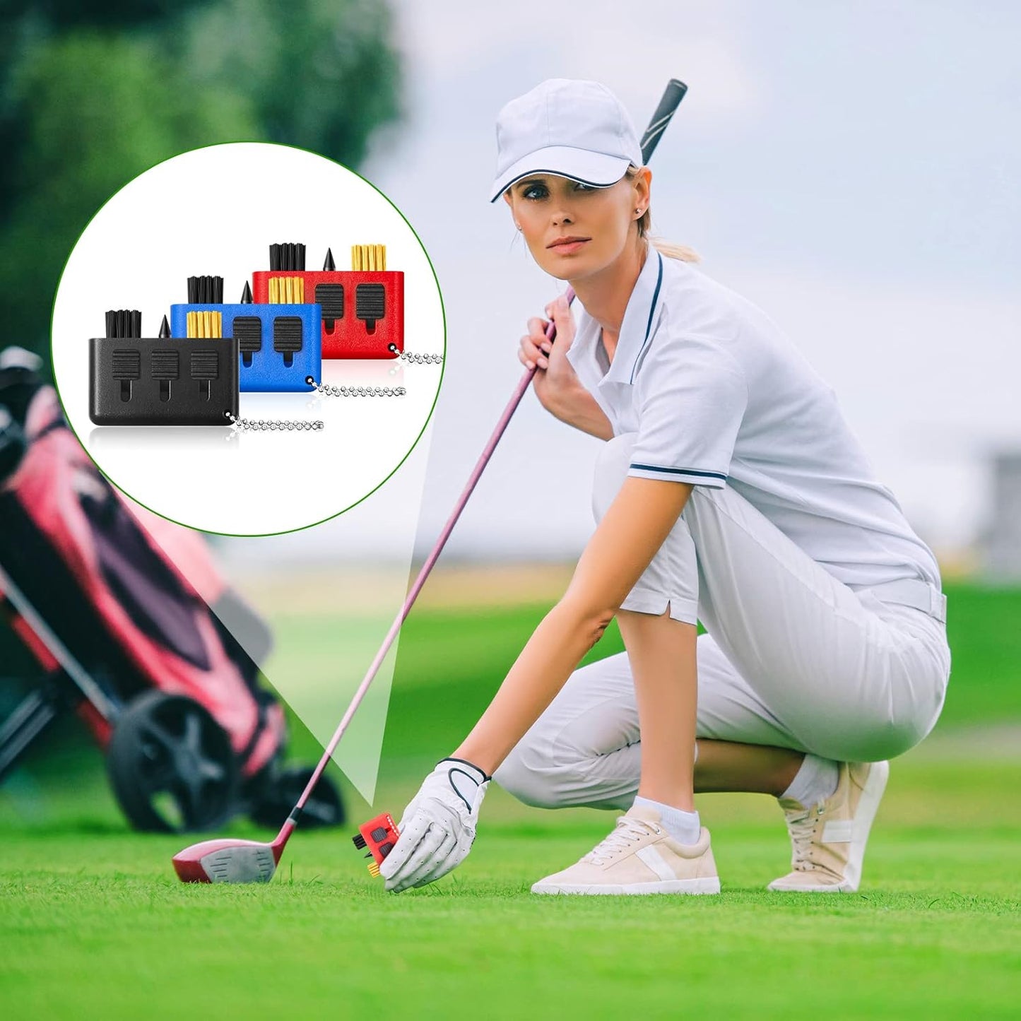 Nuanchu 10 Packs 3 in 1 Retractable Multiple Use Golf Club Cleaner Tool Portable Golf Club Brush Cleaning Kit with Groove Sharpening Tool, Pocket Size