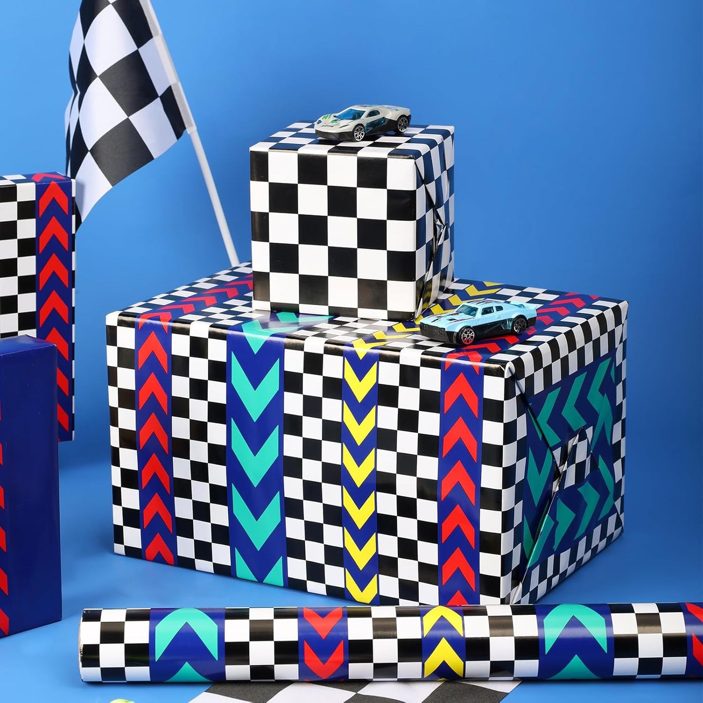 LaRibbons Monster Truck Reversible Wrapping Paper Mini Roll, Checkered Flag Design, Perfect for Kids and Boys Birthdays, 17" x 33'(46.7 sq. ft)