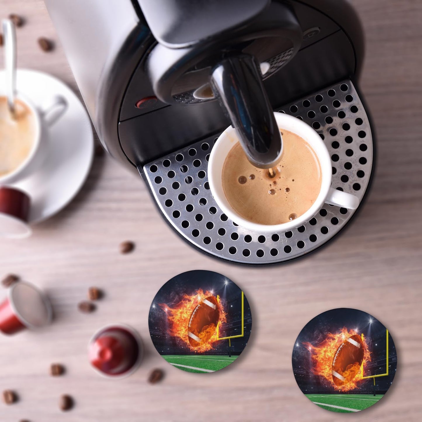 Ceramic Coasters for Drinks with Cork Back, Clean Soccer Display (2) 4 Inch Absorbent Coaster Set 2 Pack, Quick Dry Non-Slip Coaster Mats for Home, Office, Bar