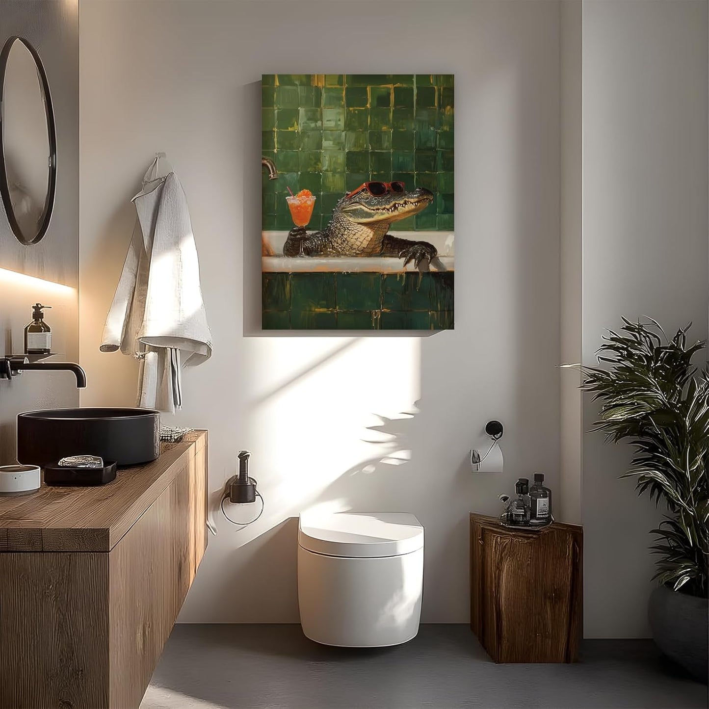 Animal Bathroom Wall Art Funny Crocodile Painting Picture Wall Decor Crocodile Sitting in The Bathtub Drinking Cocktails Poster Print Artwork for Toilet Bathroom 12x16 Inch Framed