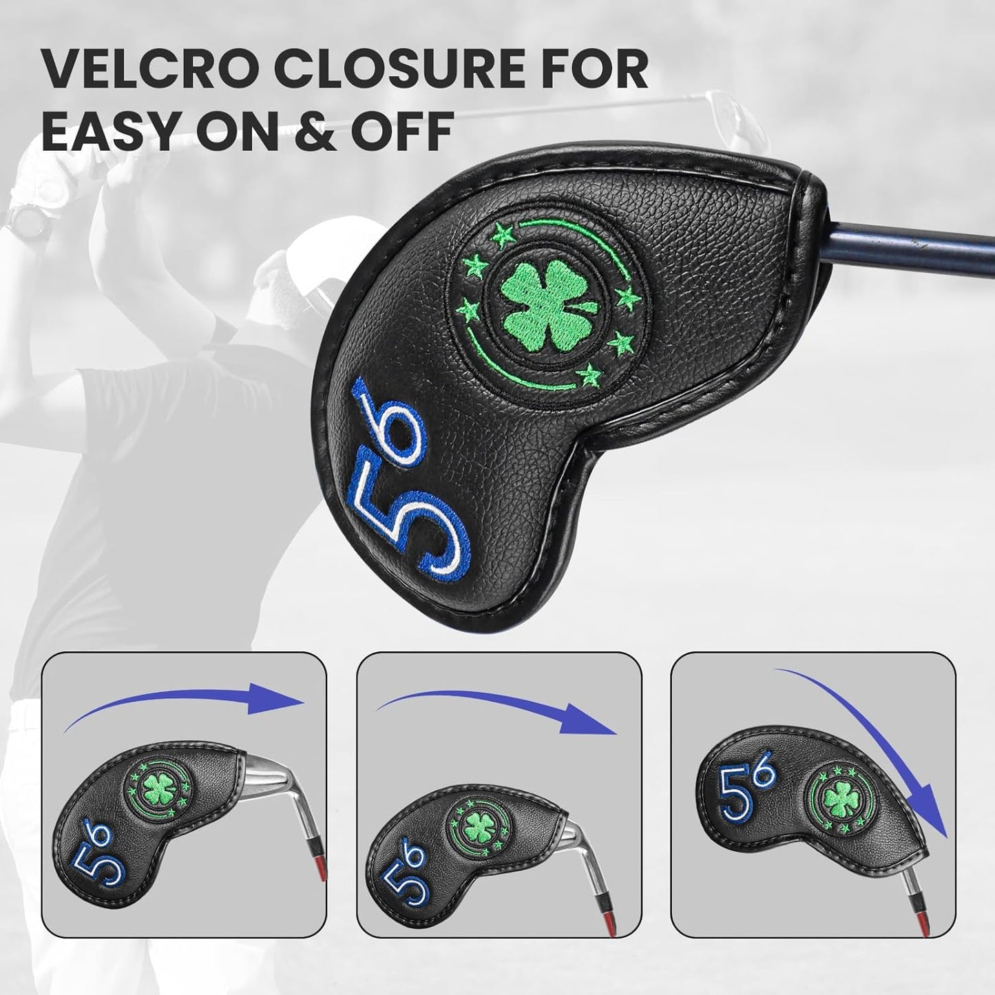 Golf Iron Wedge Head Covers 52° 54° 56° 60° 1 or 4 Pack, Synthetic Leather Clover USA Flag Design Club Head Protection, Universal Headcover Fit Iron Clubs for Men Women