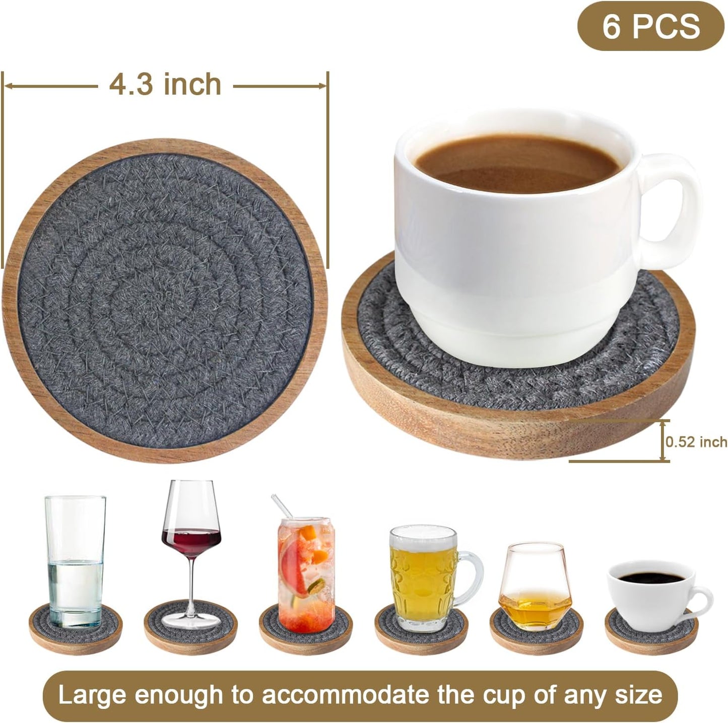6 Pack Coasters for Drinks Absorbent, 4.3 inches Cork Coasters for Coffee Tables, Wooden Drink Coasters for Table Protection, Cute Coasters for Kitchen, Farmhouse, Bar, and Office (Dark Gray)