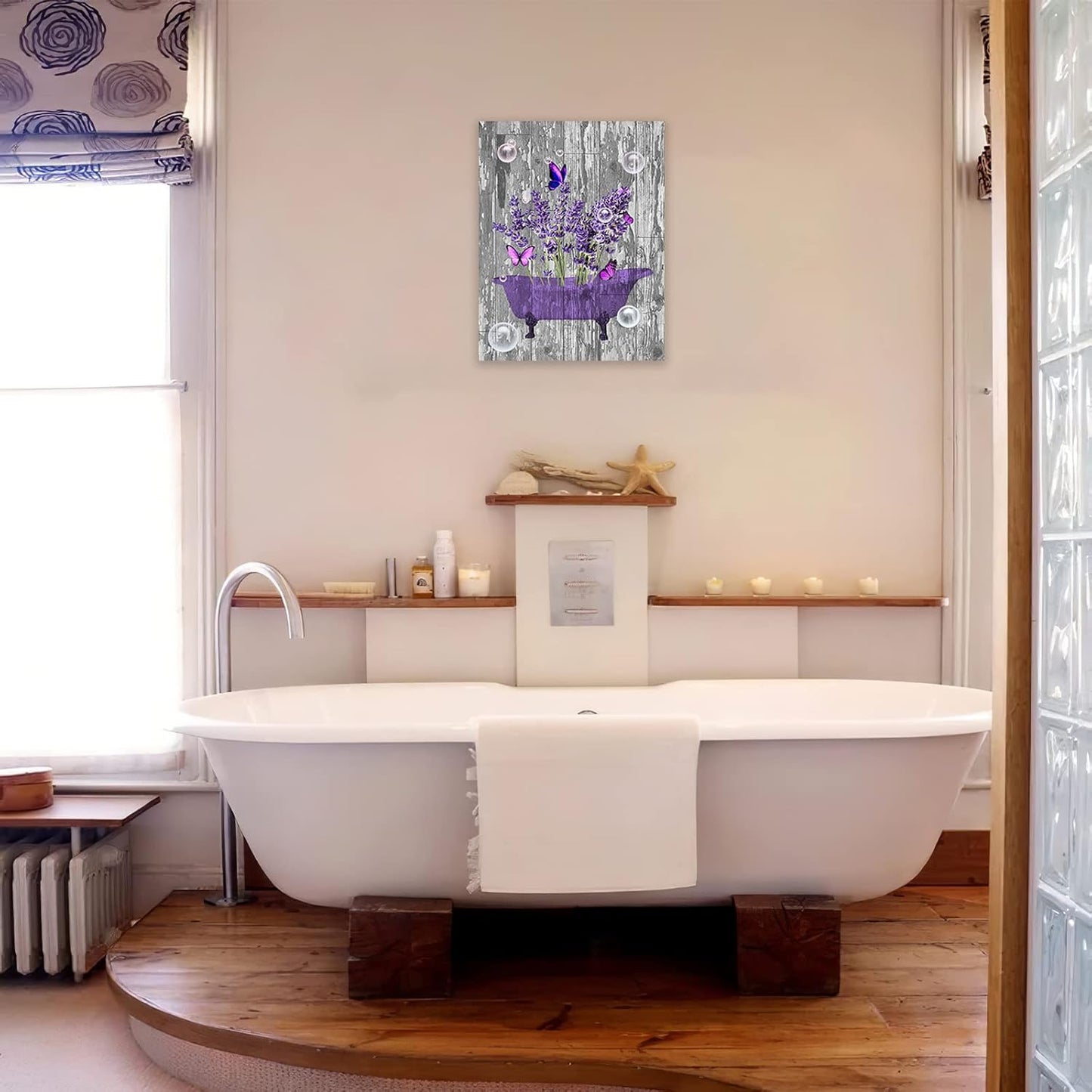 Lavender Bathroom Decor Wall Art Purple Farmhouse Bathroom Pictures for Wall Rustic Butterfly Bathtub Artwork Vintage Country Bathroom Grey White Painting Framed Bath Laundry Decorations 12"x16"