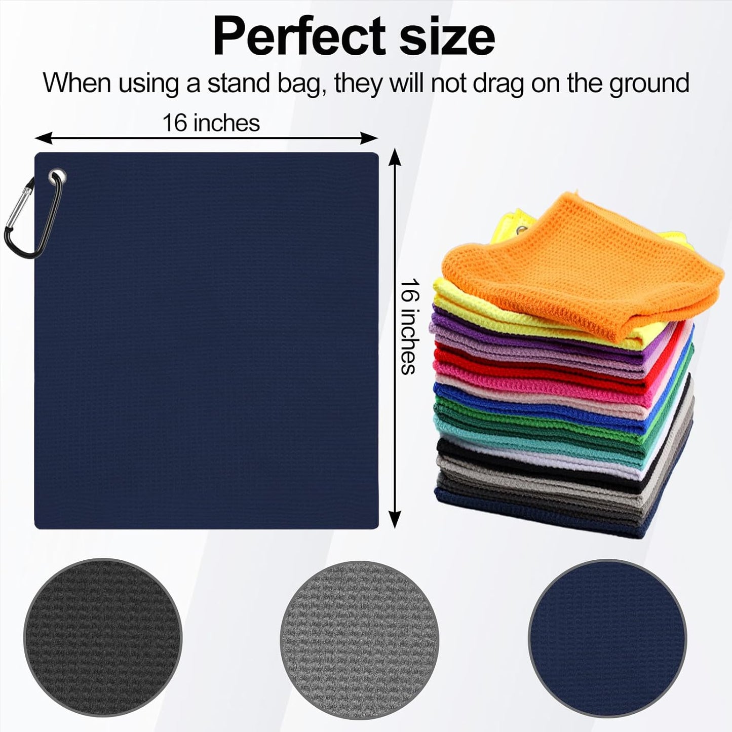 3 Pack 16" X 16" Waffle-Pattern Golf Towels with Carabiner Clip, Super Absorbent Microfiber, Navy Blue, Dark Grey, Light Grey