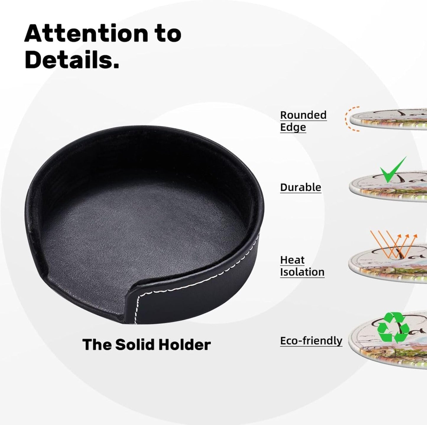 Pretty Paris Romantic Eiffel Tower Coasters for Drinks Round Leather Coaster with Holder Set of 6 for Tabletop Protection Desk Accessories Office Home Room Decor