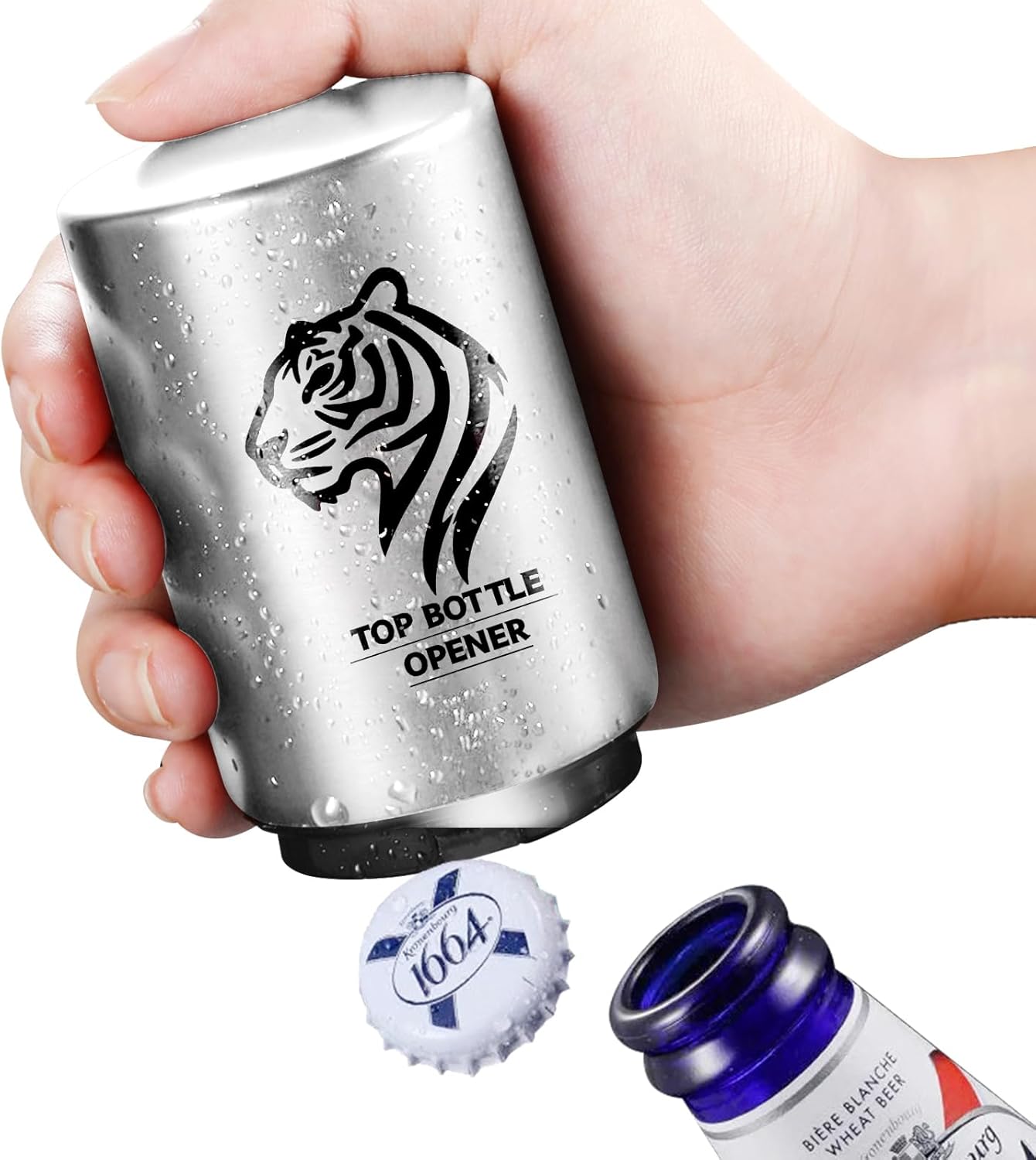 2PCS Automatic Beer Bottle Opener with Magnetic Cap Catcher, Pop The Top Stainless Steel Bottle Cap Mover Handed Lid Opening Spring Loaded Push&Pop for Kitchen Bar Home Restaurant Utensils Beer Gift