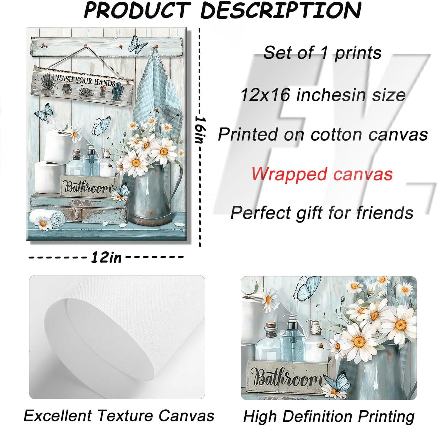 Framed Farmhouse Bathroom Canvas Wall Art Country Butterfly Daisy Wall Decor Pictures Teal Bathroom Painting Wash Your Hands Sign Poster Prints for Toilet Bathroom Home Decoration