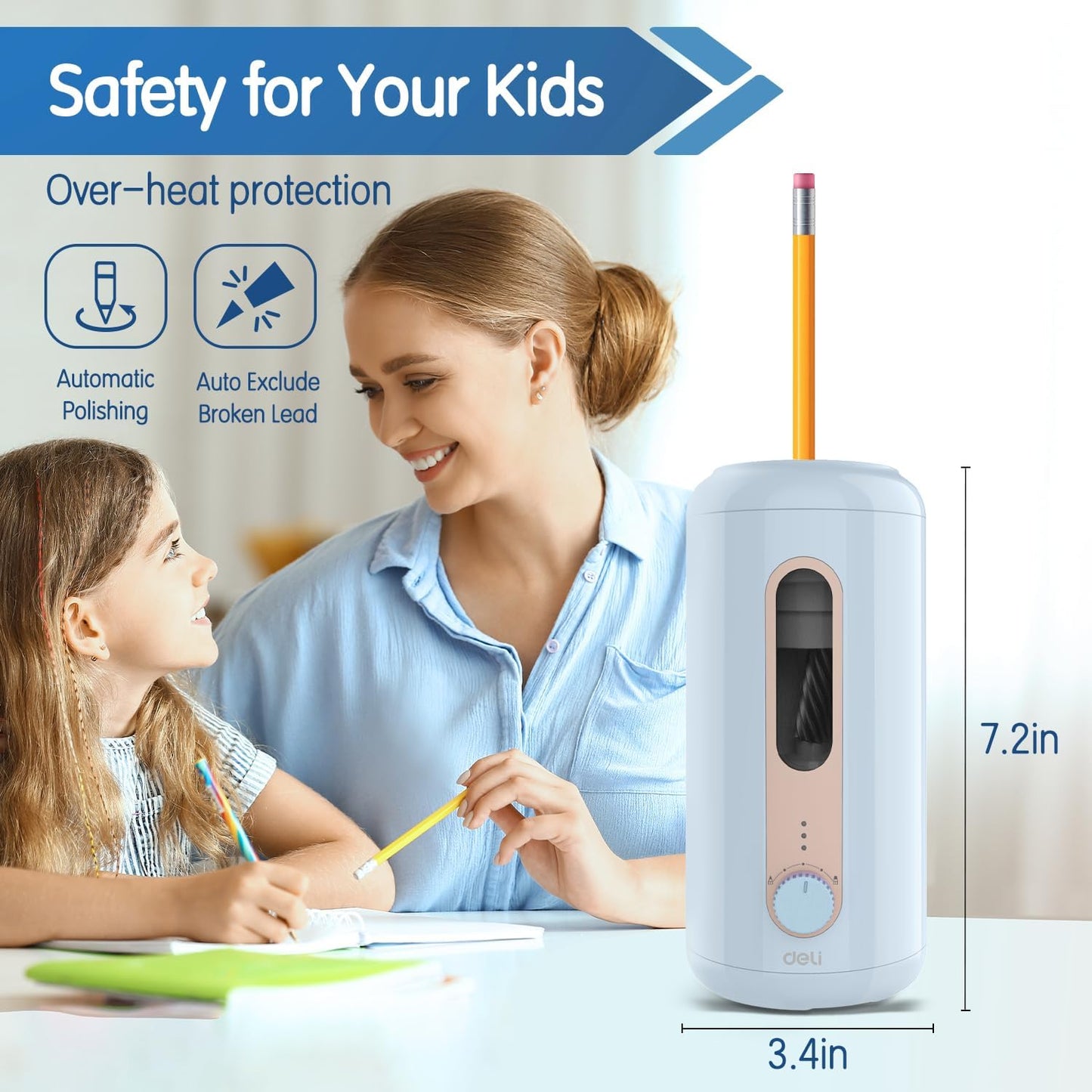 Deli Electric Pencil Sharpener - Fully Automatic, Hands-Free, Rechargeable for 6.9-12mm Pencils - Home & Classroom - Blue
