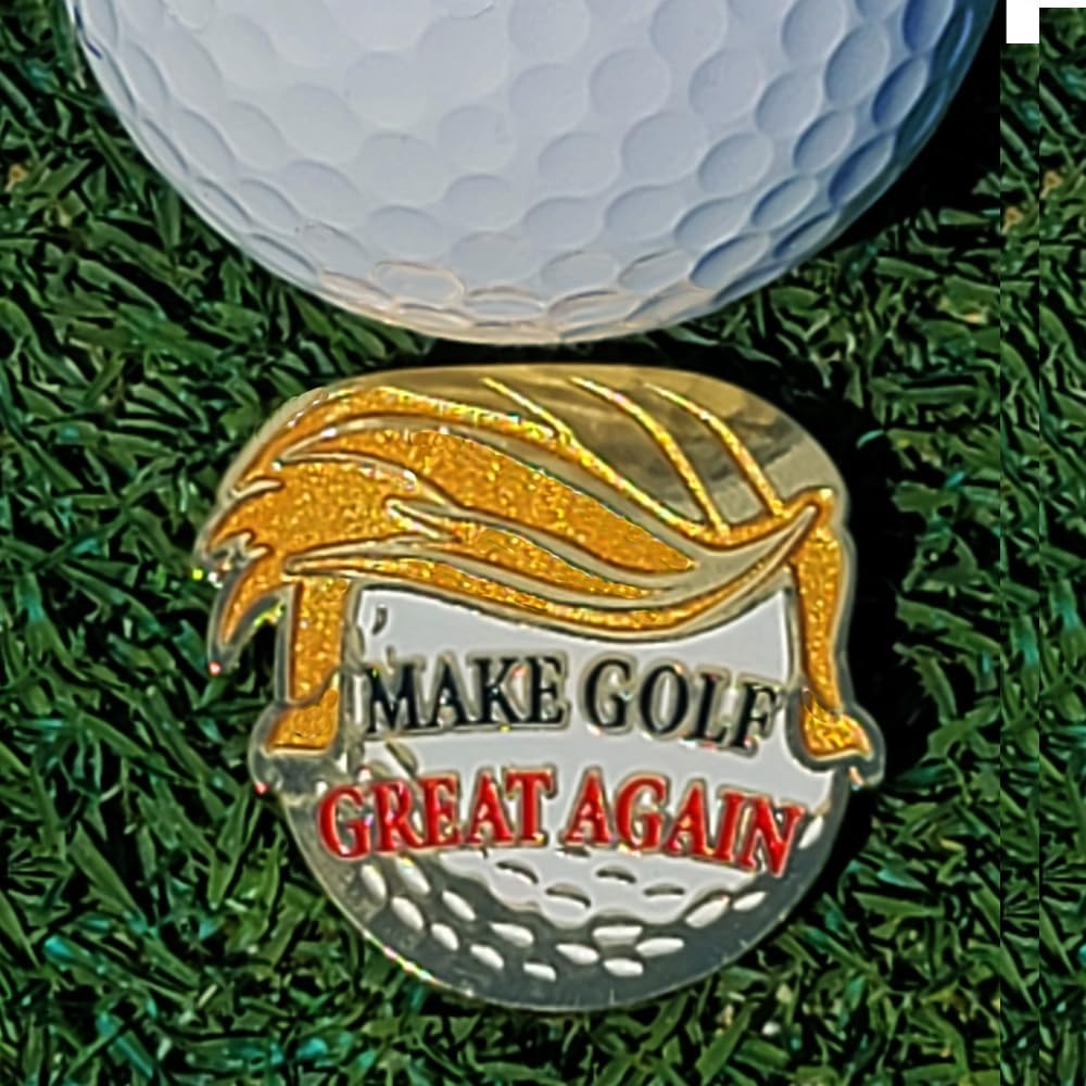 Make Golf Great Again Shaped Golf Ball Marker with USA Flag Magnetic Hat Clip - Patriotic, Fun Gold-Plated Golf Accessory for Avid Golfers