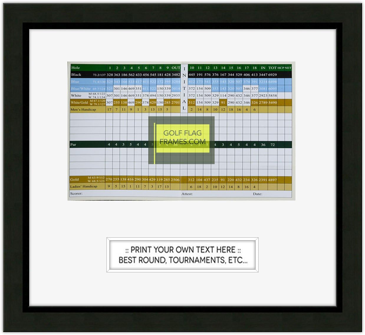 Custom Size Golf Scorecard Frame; Black Wood Frame 416, You choose Scorecard Size and Mat Color; scorecard and verbiage not included (Scorecard Size 5x8H, Mat Color White)