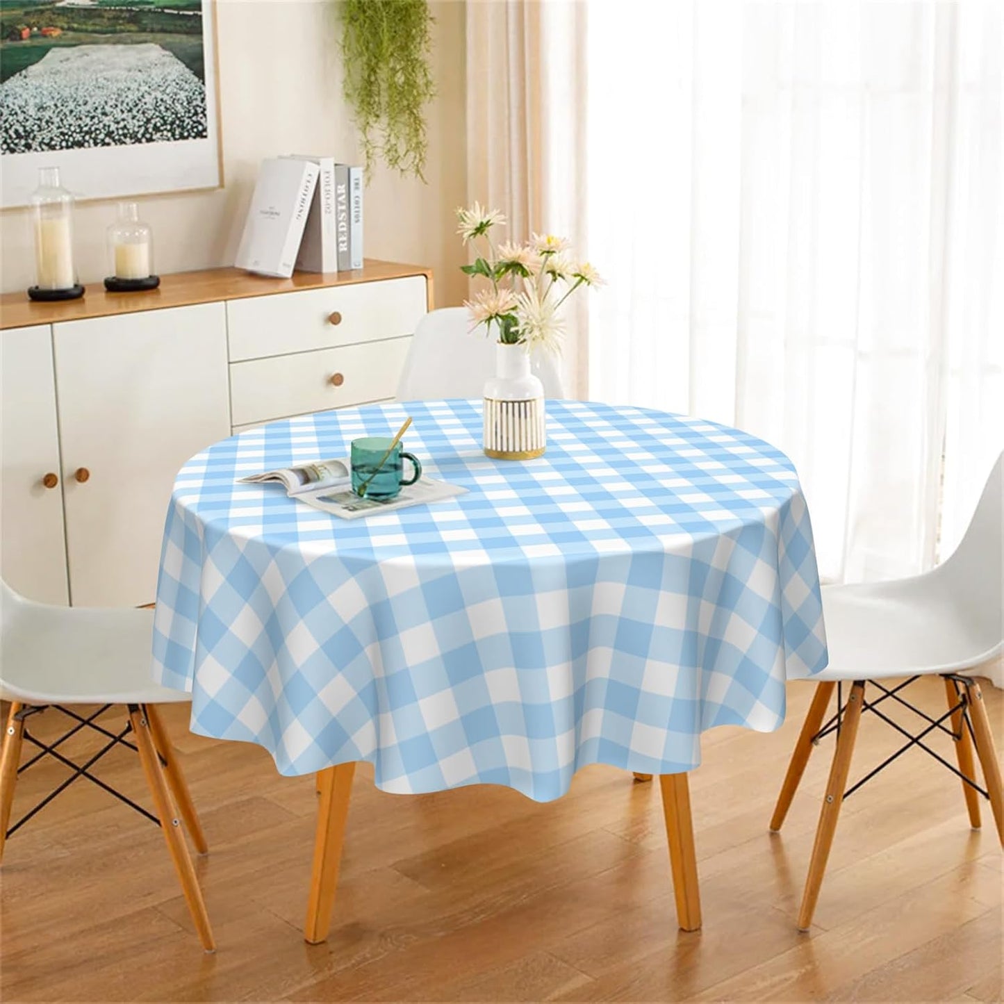 3 Pack Blue and White Checkered Tablecloth, Round Blue Gingham Plastic Table Cloths for Parties Disposable, 84x84 in Waterproof Camping Tablecloth for Birthday Party Baby Shower Picnic School