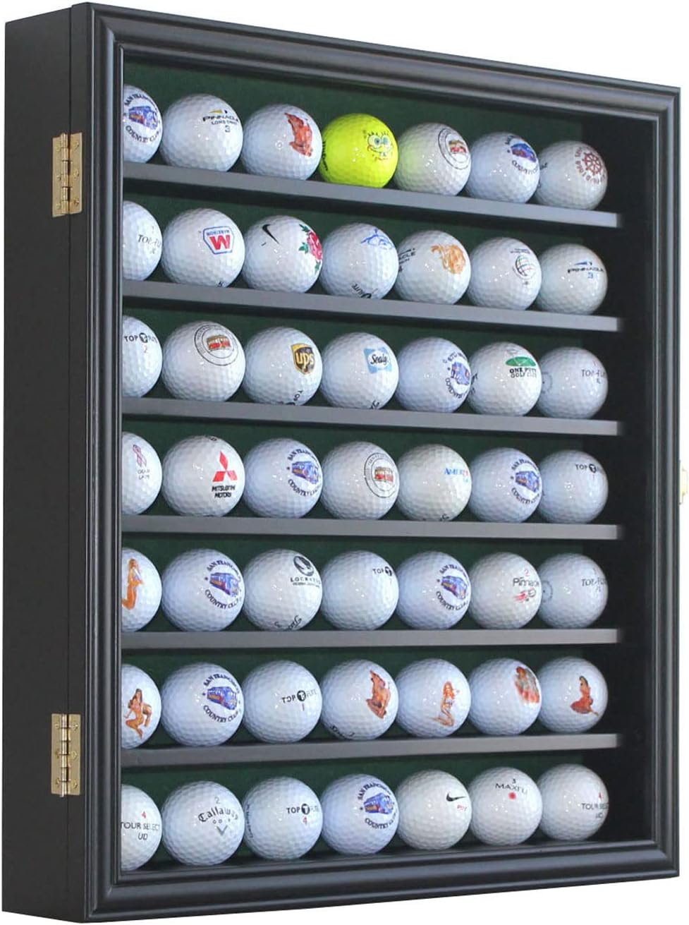 DisplayGifts 49 Golf Ball Display Cabinet Stand Storage Wall Mounted 7 Shelves Display Case Shadow Box with Lockable Door, Great Gift (49 Ball Holder, Black Finish)