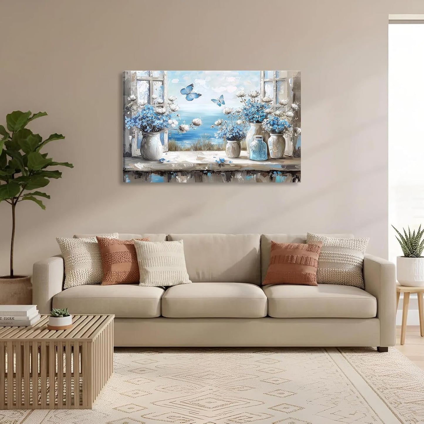 Blue Coastal Flower Bathroom Canvas Wall Art Butterfly Bathroom Painting Picture Wall Decor Window Beach Butterfly Poster Print Artwork for Living Room Bathroom Home Decoration