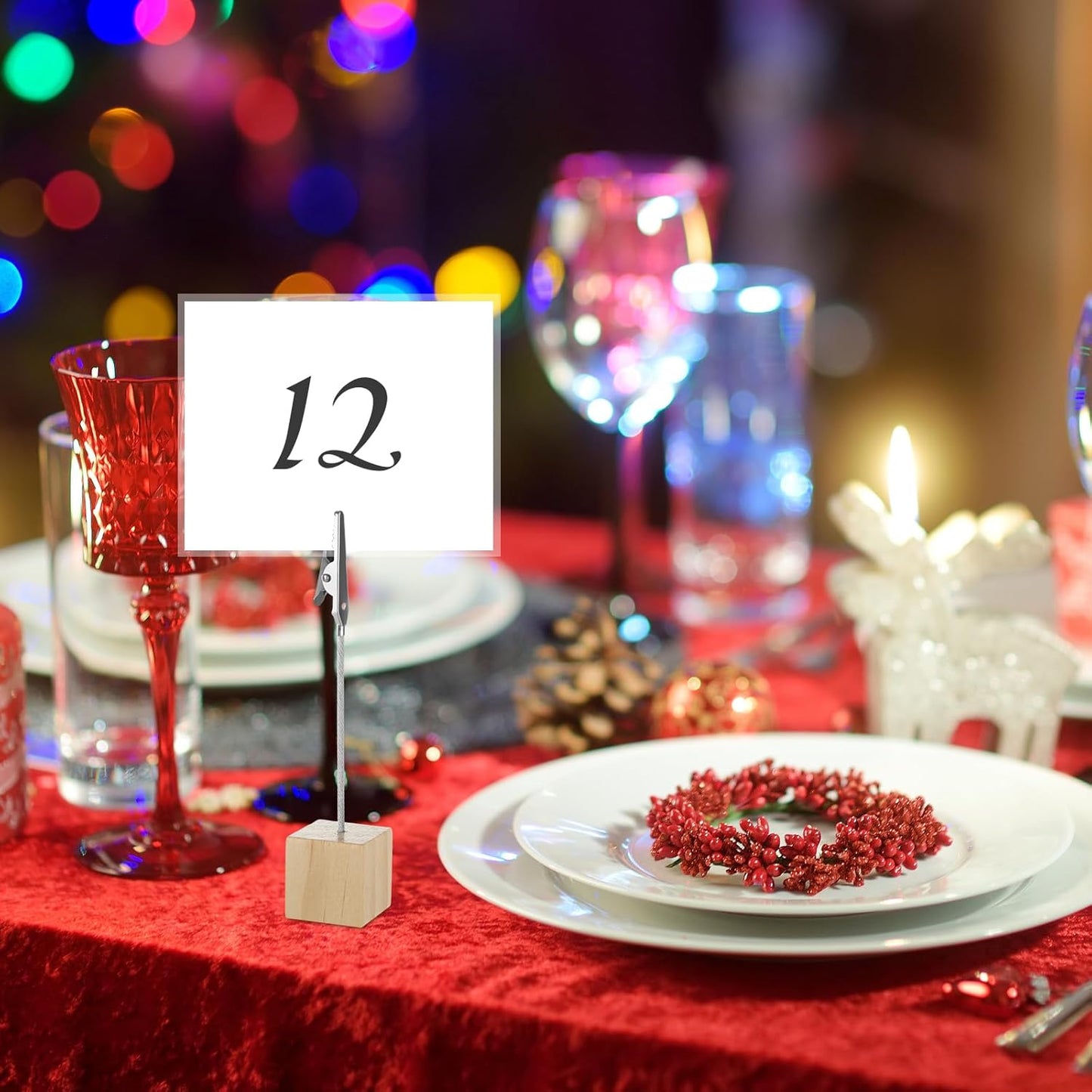 50 Pcs Place Card Holder Cube Photo Clips Holder with Alligator Clip, 4.7 x 1 Inch Table Number Holders Cube Base Memo Clips Holders for Displaying Pictures Number Card Wedding Party (Wood)