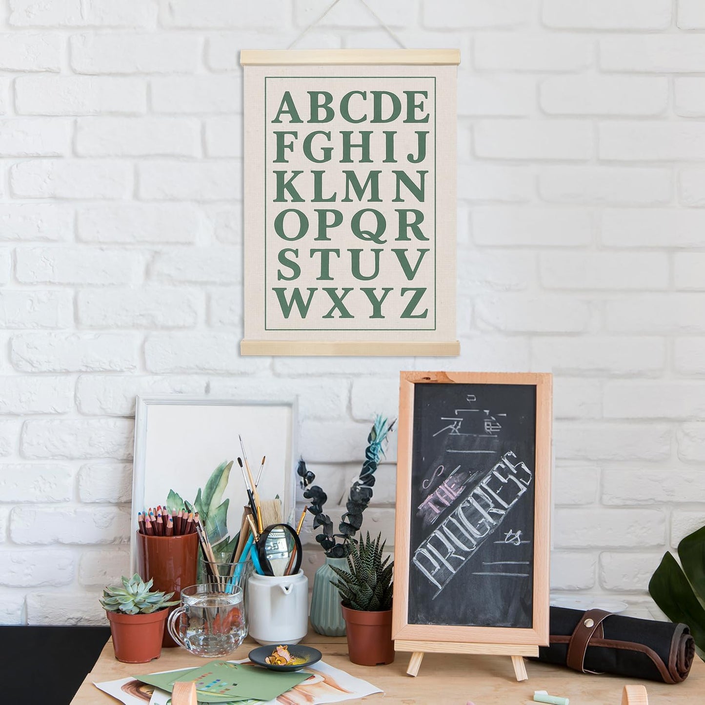 Xmsaitar Vintage Classroom Alphabet Poster Hanger Frame Wall Decor, Sage Green ABC Prints for Wall Hanging Decor Art, Nursery Educational Banner for Kids Toddler Room Dorm Playroom Preschool 12x16in