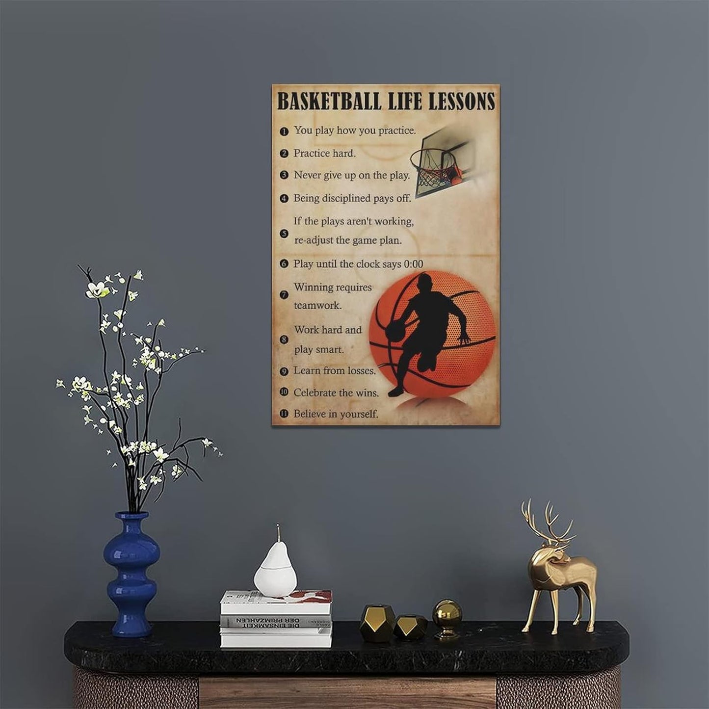 Basketball Life Lessons Wall Art Basketball Pictures Canvas Wall Decor Gifts for Basketball Player Boy Man Motivational Sports Painting Print Artwork Framed for Classroom Boy Room Gym 16"x24"