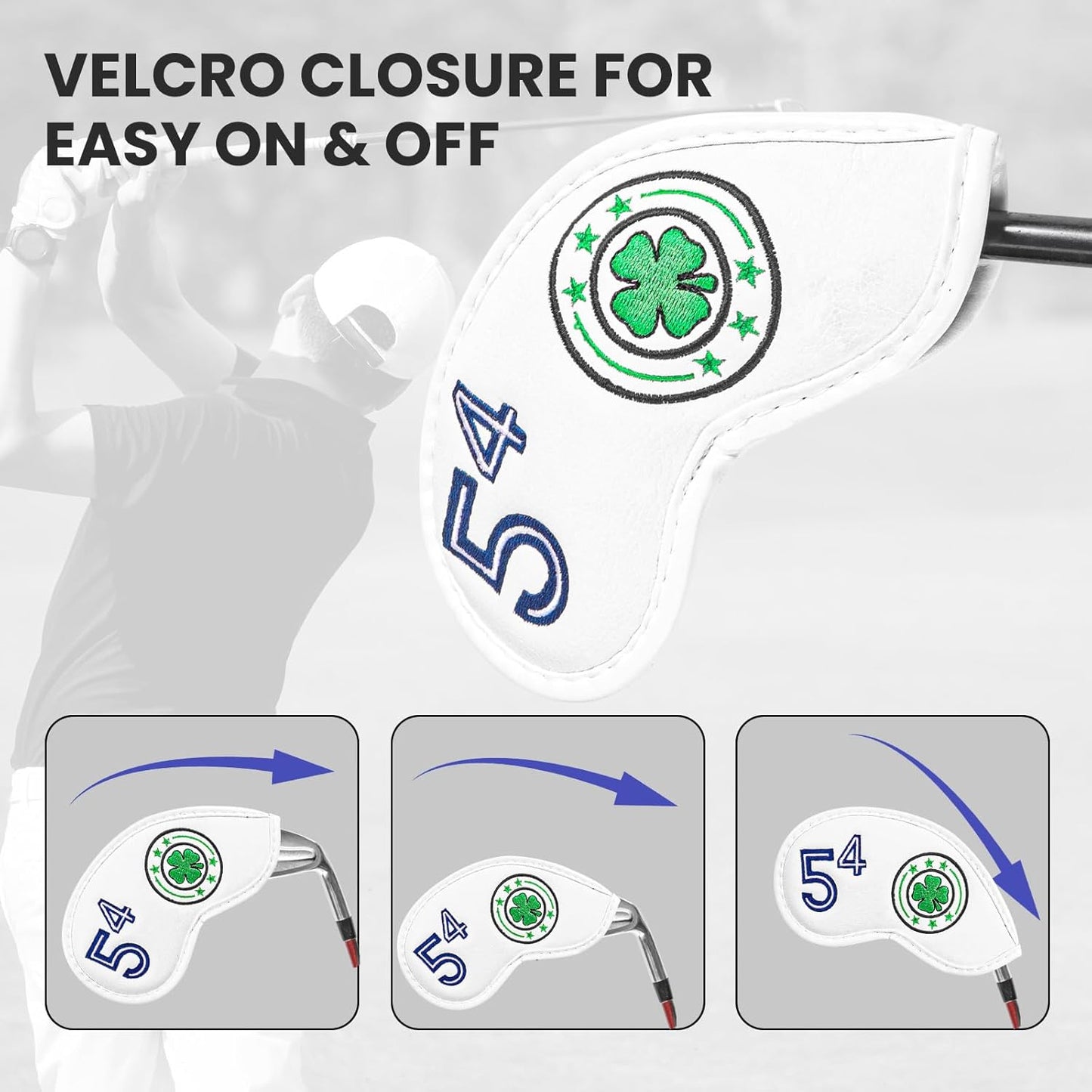 Golf Iron Wedge Head Covers 52° 54° 56° 60° 1 or 4 Pack, Synthetic Leather Clover USA Flag Design Club Head Protection, Universal Headcover Fit Iron Clubs for Men Women