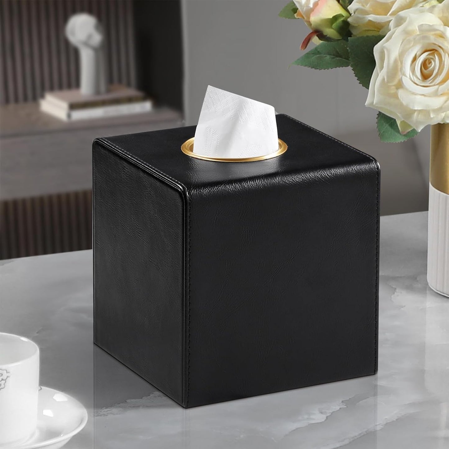 Square Tissue Box Cover, Luxury PU Leather Tissue Holder with Magnetic Closure (Black)
