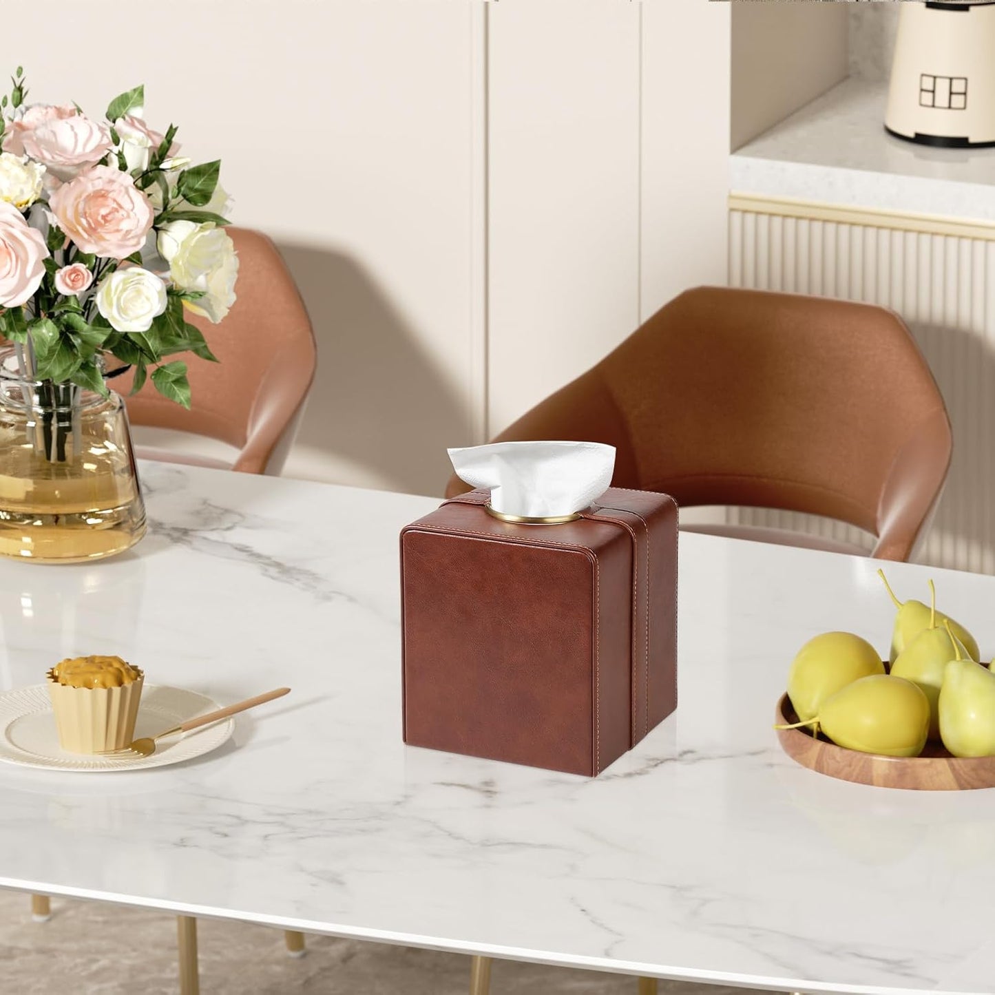 Luxury Square Tissue Box Cover, PU Leather Tissue Box Holder with Magnetic Closure and Gold Decorative Grommets for Bathroom Bedroom, Decorative Elegant Cube Tissue Holder (Brown)