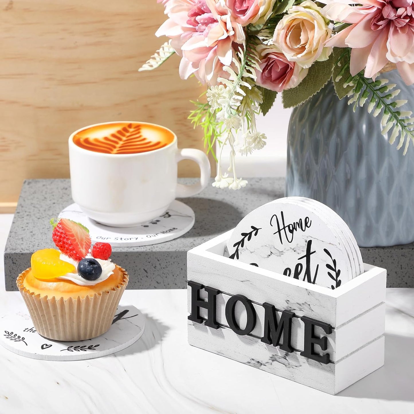 Queekay Housewarming Gifts for Home Decoration Wooden Heart Coasters for Drinks 6 Set Farmhouse Coasters with Holder Funny for Family Coffee Table Protection, 4''(White Marble)