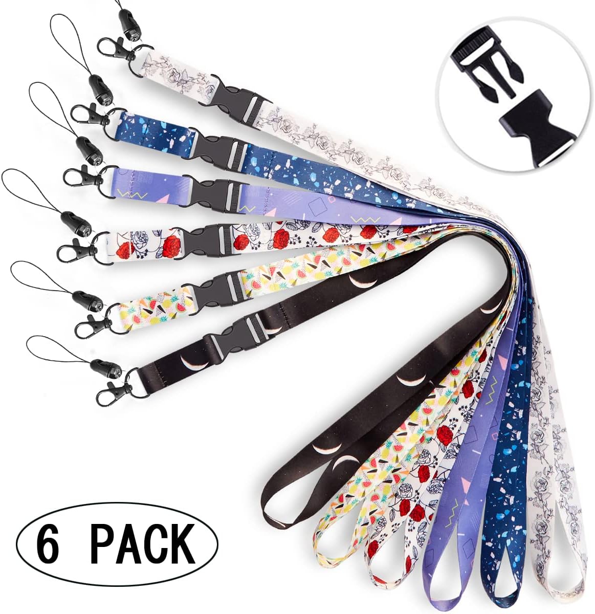 6 Pack Lanyards,White Black Roses,Black with Moon,Neck Office Cruise Lanyard For Keys Women Men ID Card Holder Waterproof